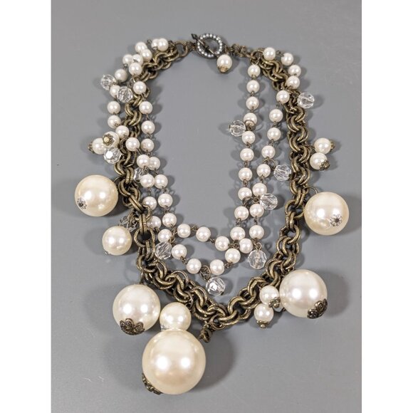 Dark Bronze Tone Faux Pearl Multi Chain Necklace Chunky Statement Bold 17.5" - Picture 2 of 9